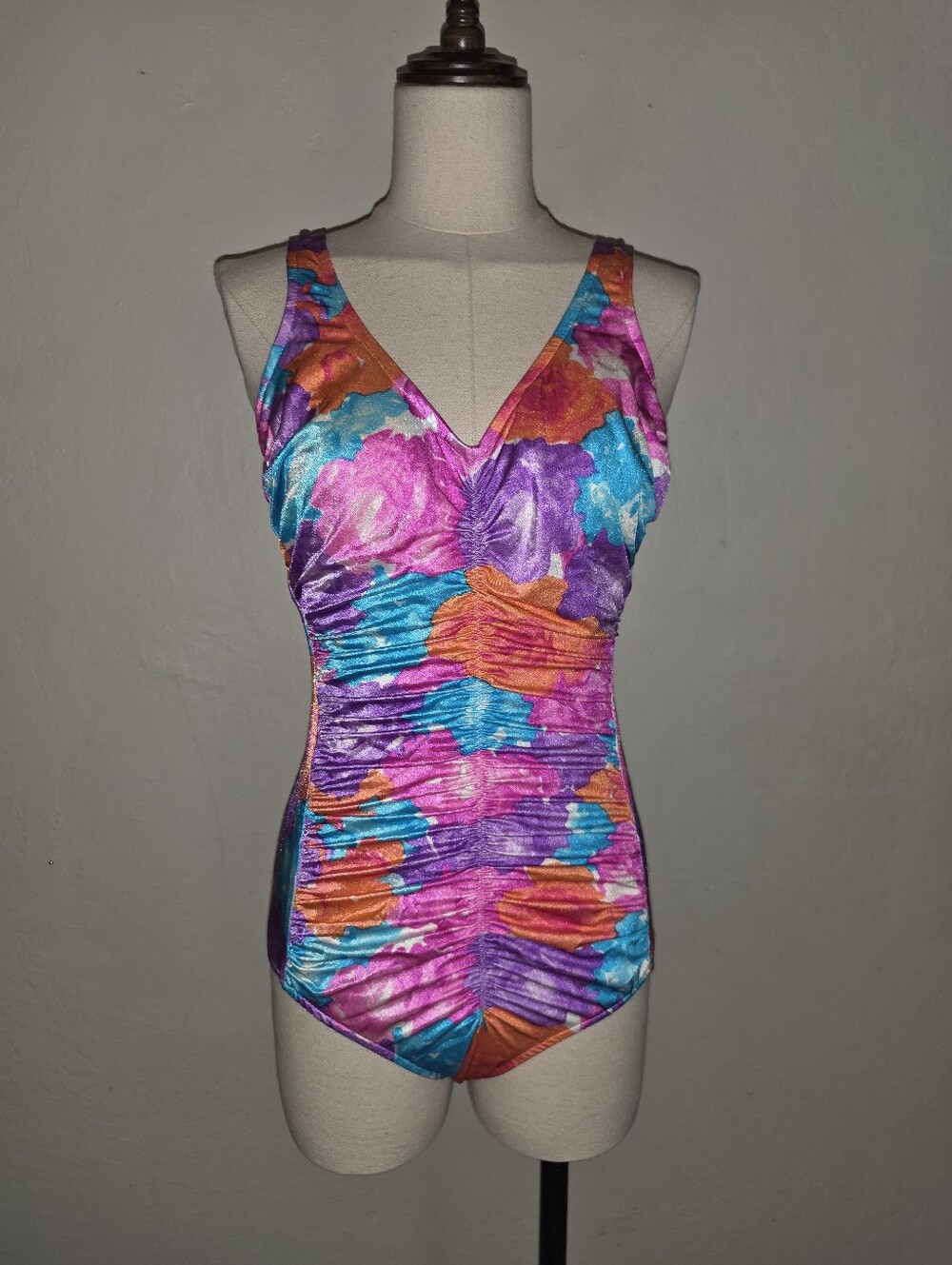 Vintage Maxine 1970's 1980s Shirred Bright Colorful Floral V-neck One Piece